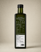 Back of the GetPured Cold Pressed Extra Virgin Olive Oil 500ml pack showing ingredients, nutrition, storage instructions, manufacturer details and FSSAI licence