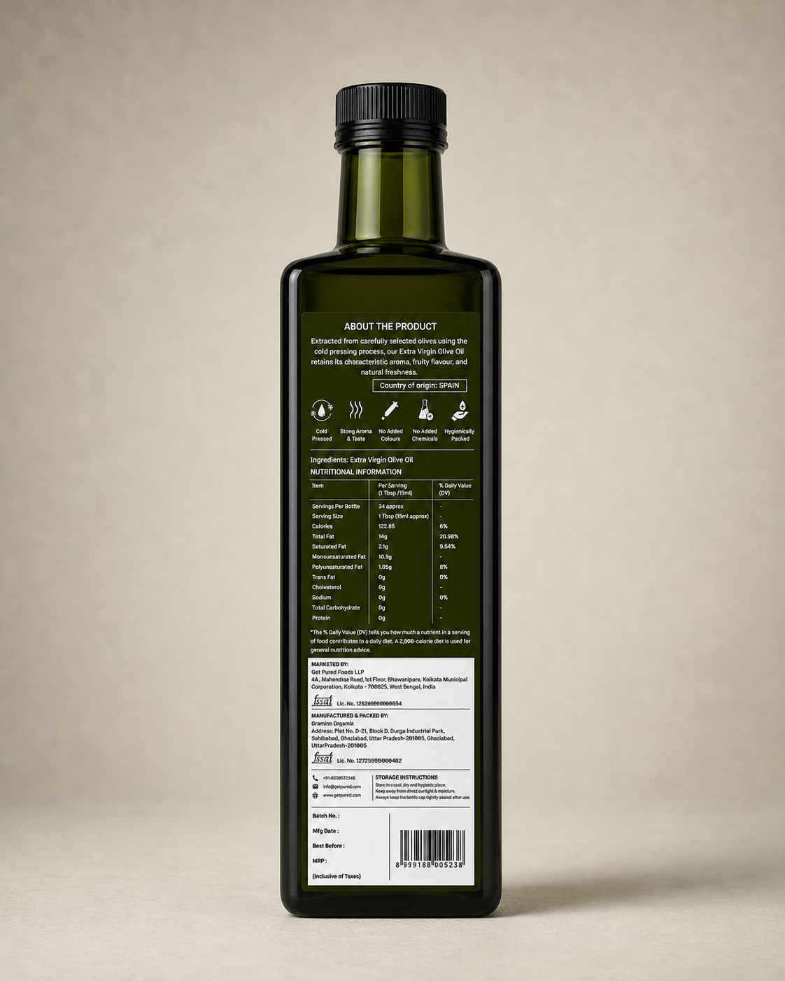 Back of the GetPured Cold Pressed Extra Virgin Olive Oil 500ml pack showing ingredients, nutrition, storage instructions, manufacturer details and FSSAI licence