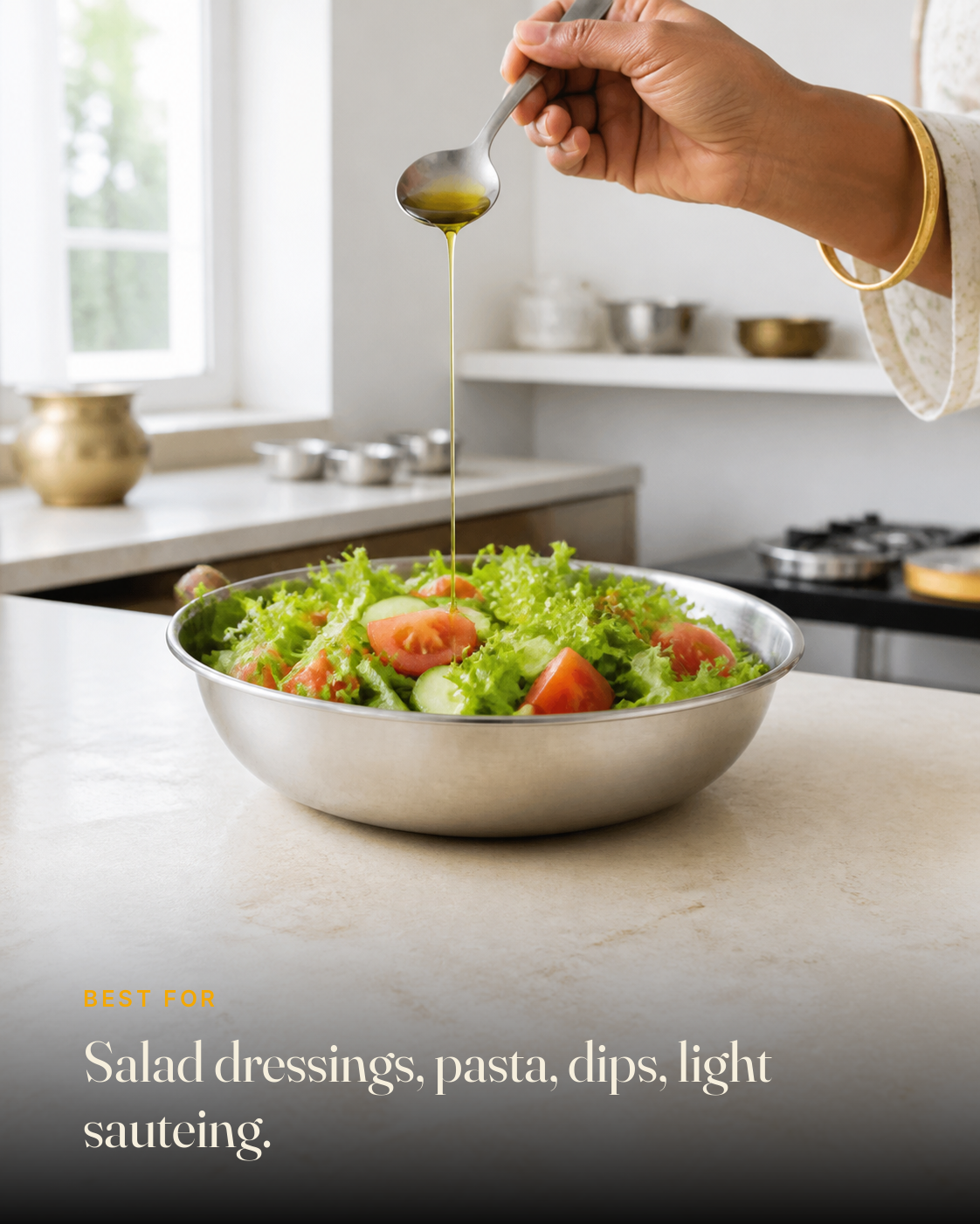 GetPured Cold Pressed Extra Virgin Olive Oil being used in an Indian kitchen, with a caption naming the dishes it is best for