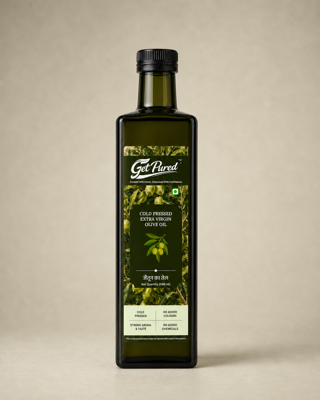 GetPured Cold Pressed Extra Virgin Olive Oil 500ml pack photographed on a warm studio backdrop