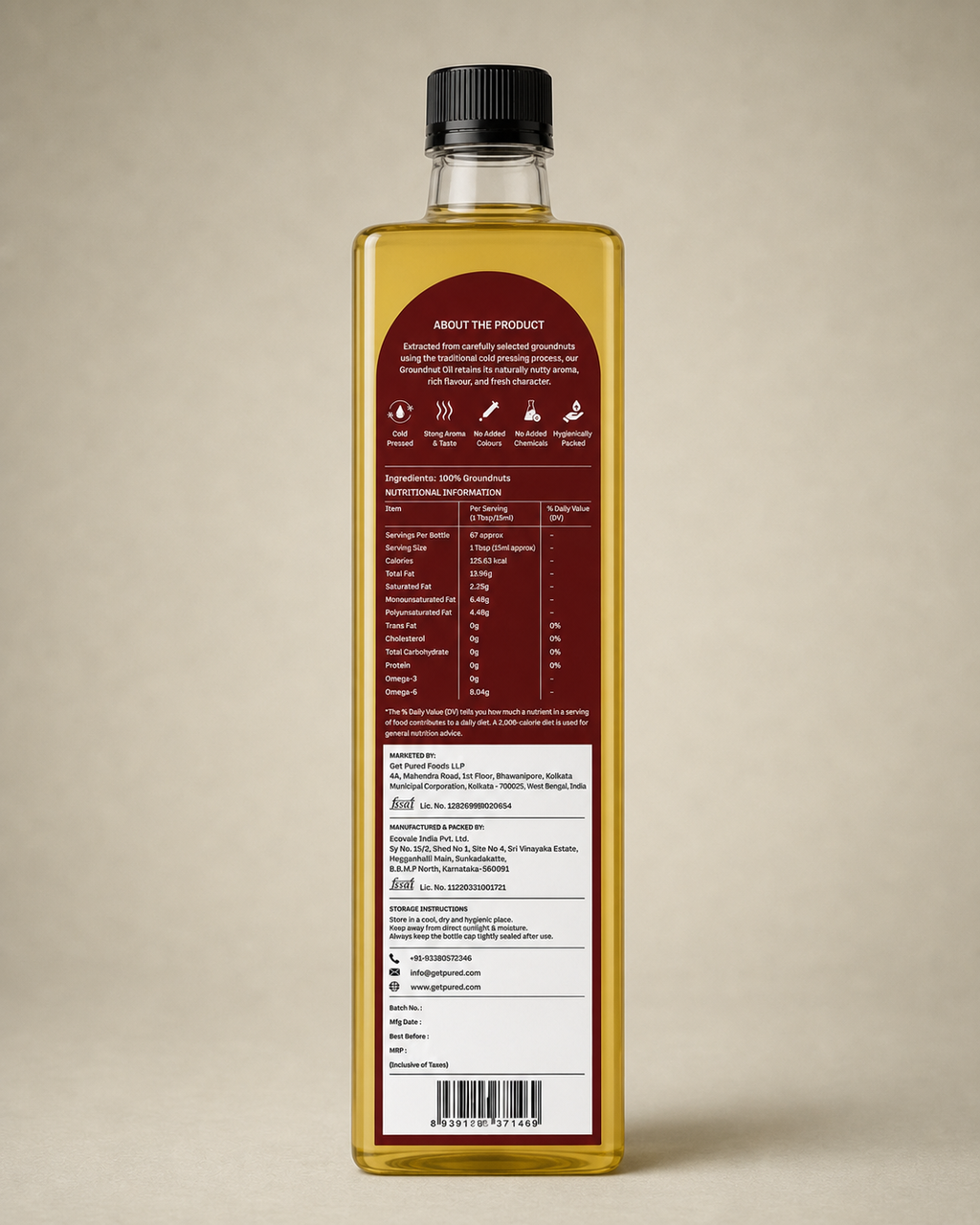 Back of the GetPured Cold Pressed Groundnut Oil 1000ml pack showing ingredients, nutrition, storage instructions, manufacturer details and FSSAI licence