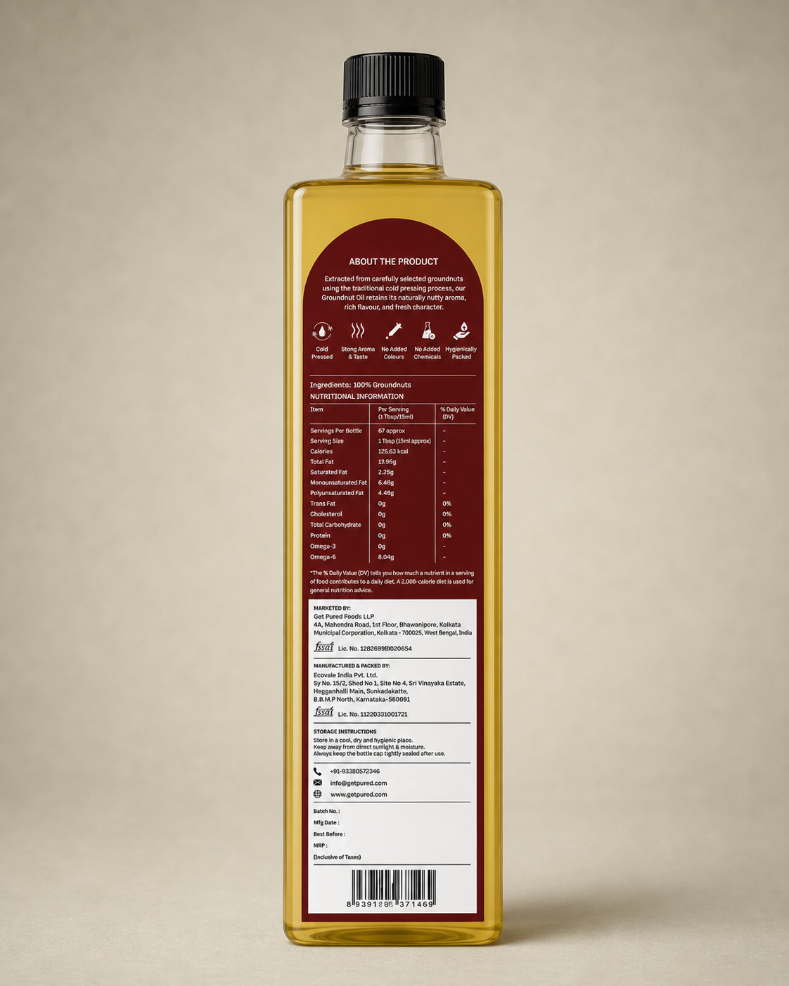 Back of the GetPured Cold Pressed Groundnut Oil 1000ml pack showing ingredients, nutrition, storage instructions, manufacturer details and FSSAI licence