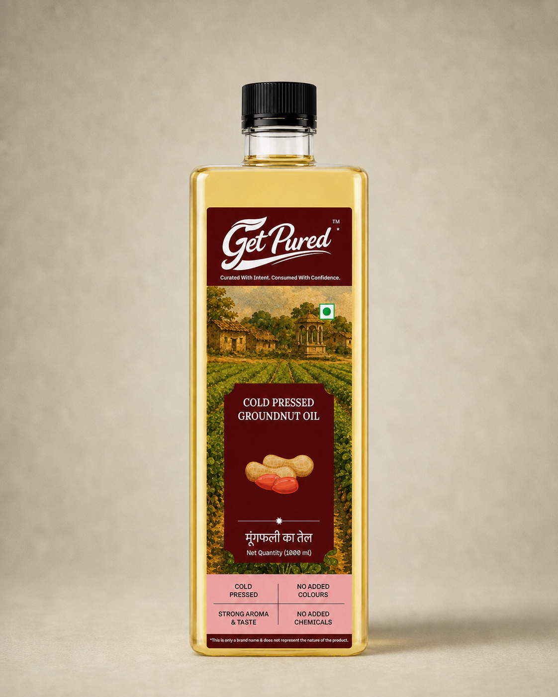 GetPured Cold Pressed Groundnut Oil 1000ml pack photographed front on, on a warm studio backdrop