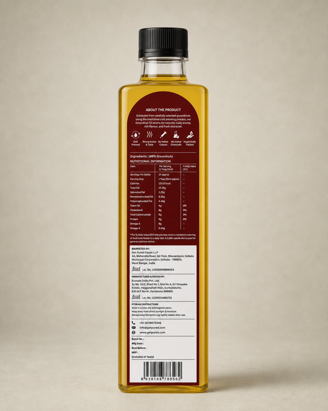 Back of the GetPured Cold Pressed Groundnut Oil 500ml pack showing ingredients, nutrition, storage instructions, manufacturer details and FSSAI licence