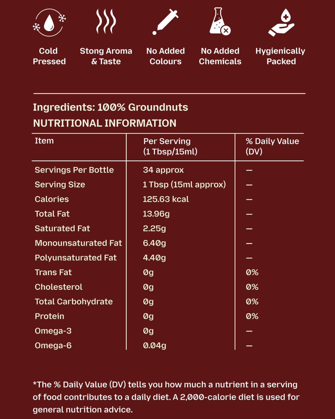 GetPured cold pressed groundnut oil 500ml nutrition and ingredients panel