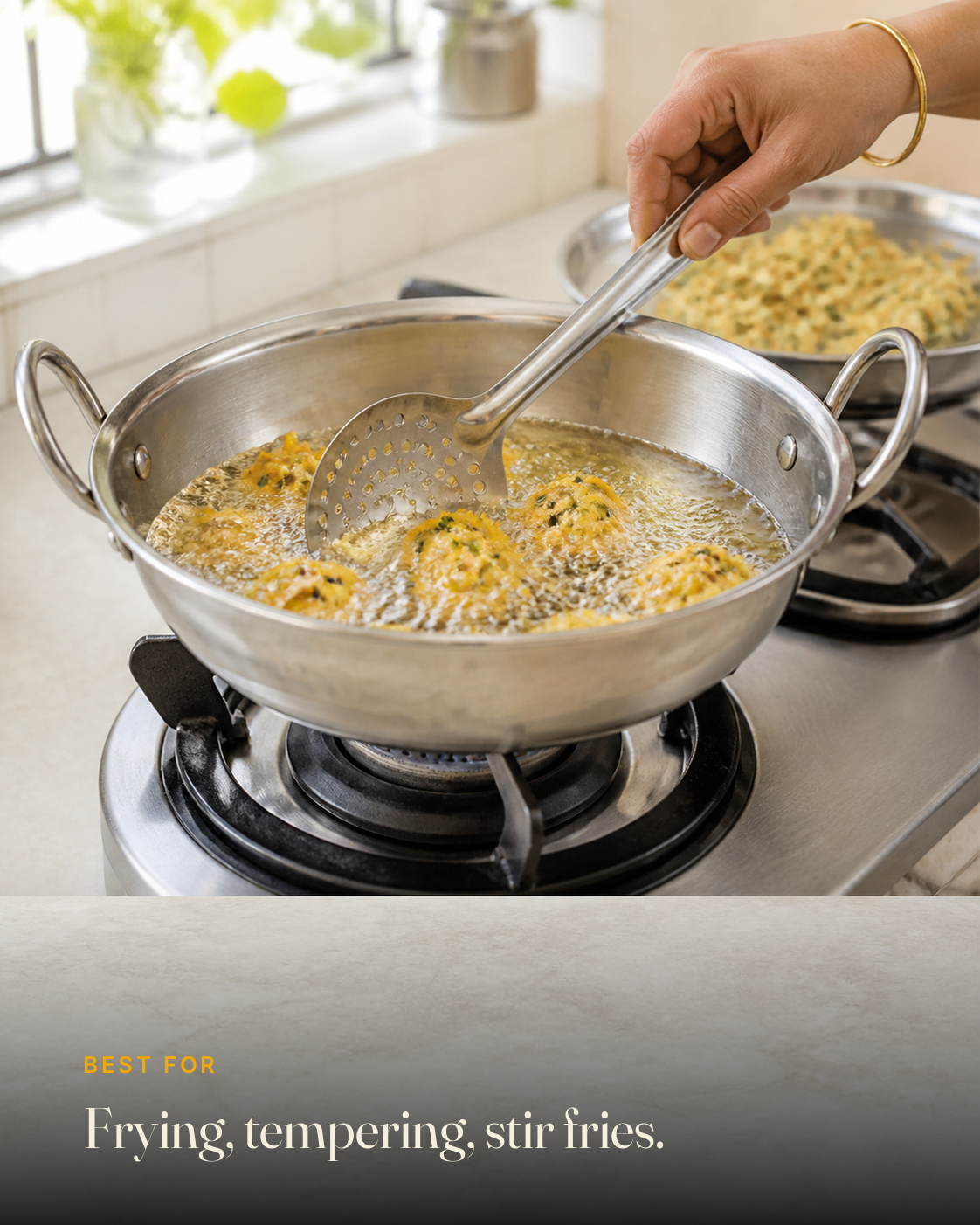 GetPured Cold Pressed Groundnut Oil being used in an Indian kitchen, with a caption naming the dishes it is best for