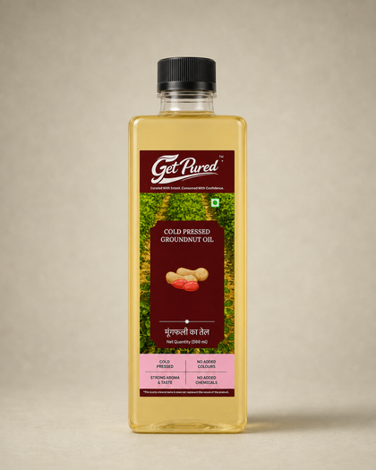 GetPured Cold Pressed Groundnut Oil 500ml pack photographed on a warm studio backdrop