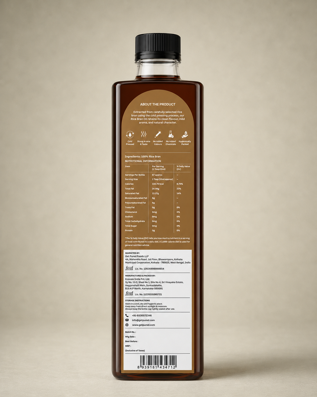 Back of the GetPured Cold Pressed Rice Bran Oil 1000ml pack showing ingredients, nutrition, storage instructions, manufacturer details and FSSAI licence