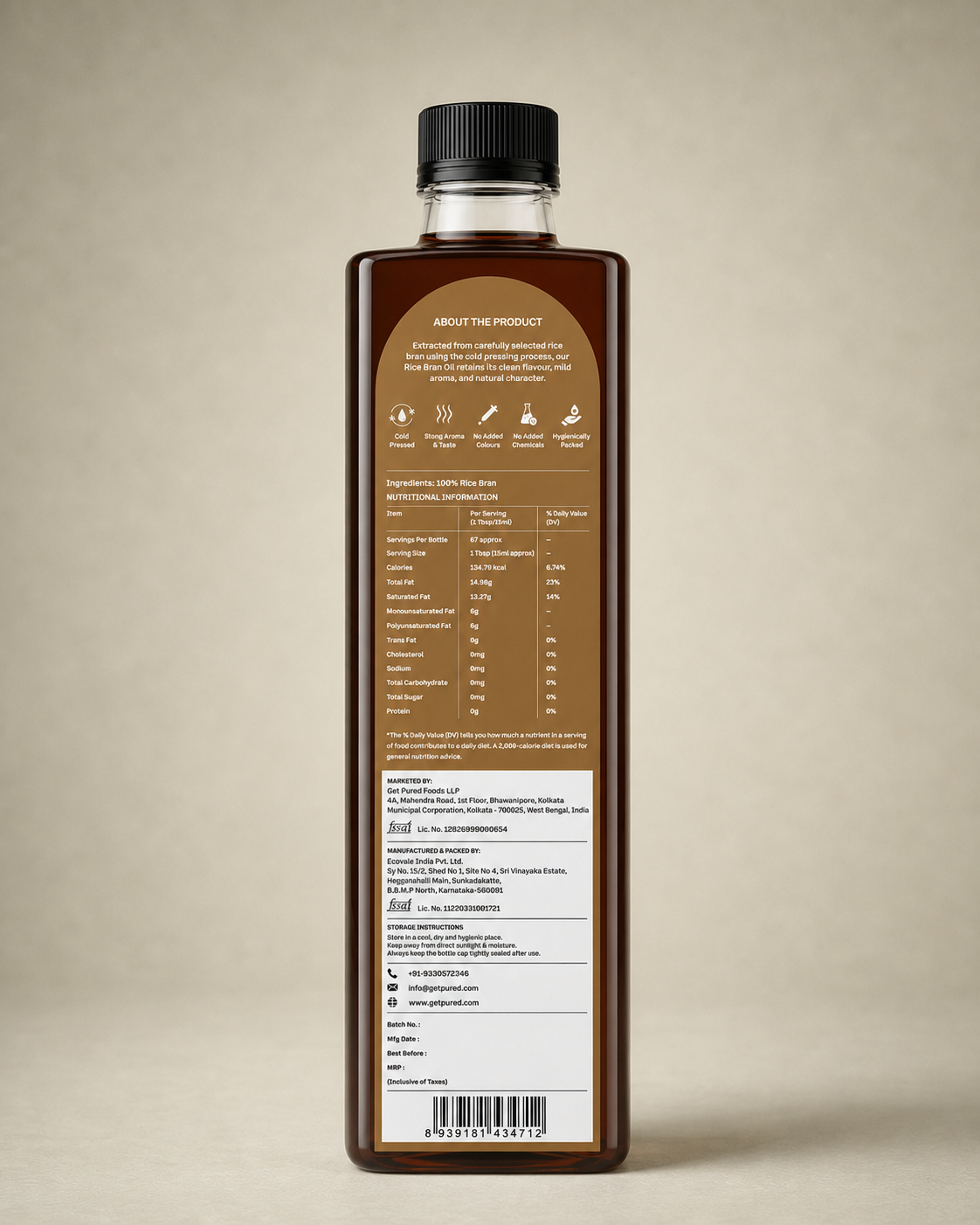 Back of the GetPured Cold Pressed Rice Bran Oil 1000ml pack showing ingredients, nutrition, storage instructions, manufacturer details and FSSAI licence