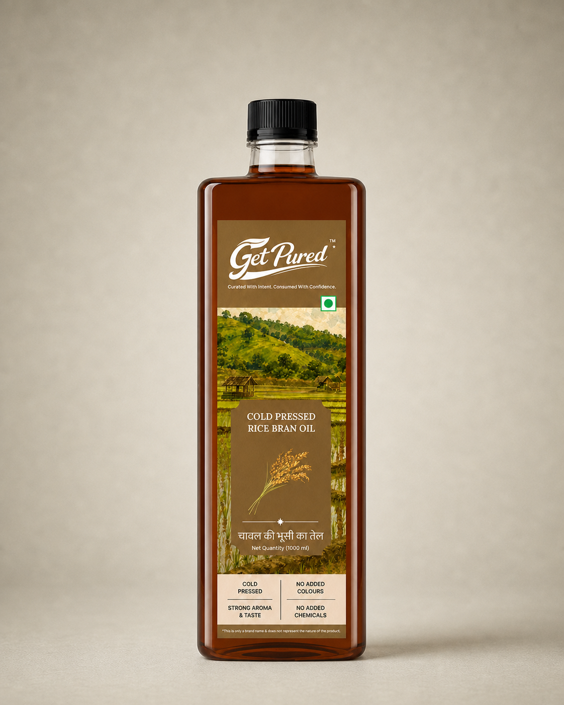 GetPured Cold Pressed Rice Bran Oil 1000ml pack photographed front on, on a warm studio backdrop