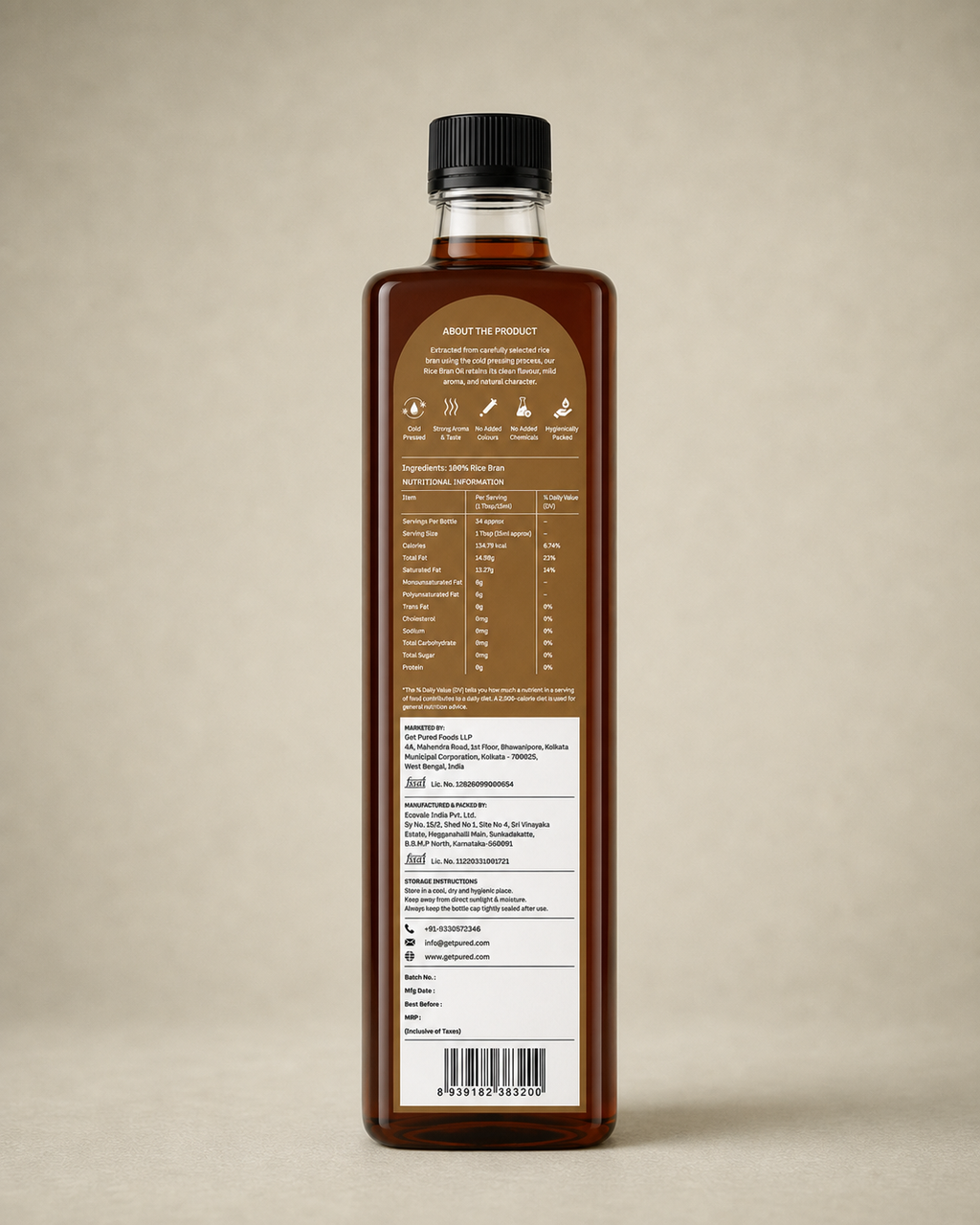 Back of the GetPured Cold Pressed Rice Bran Oil 500ml pack showing ingredients, nutrition, storage instructions, manufacturer details and FSSAI licence