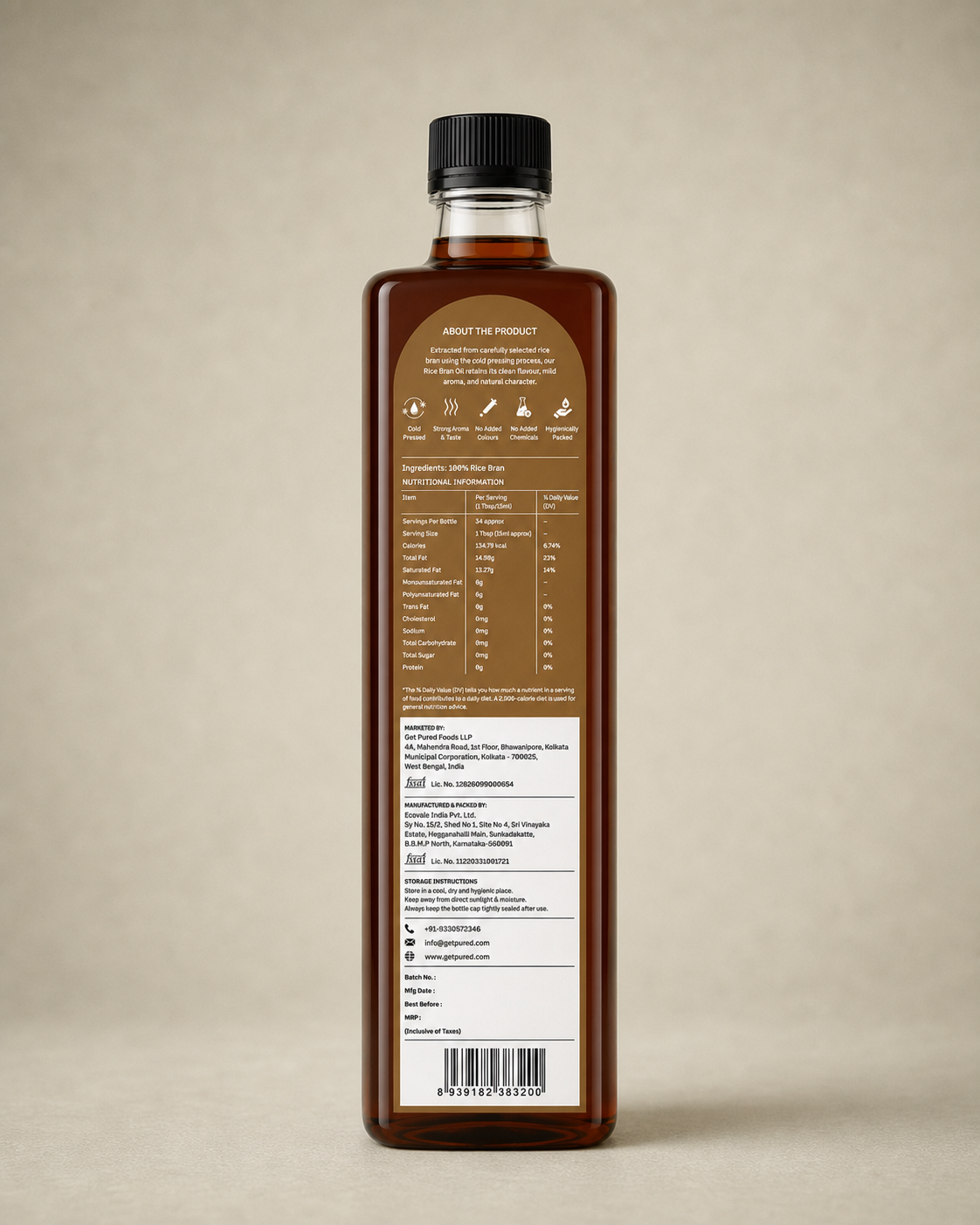 Back of the GetPured Cold Pressed Rice Bran Oil 500ml pack showing ingredients, nutrition, storage instructions, manufacturer details and FSSAI licence