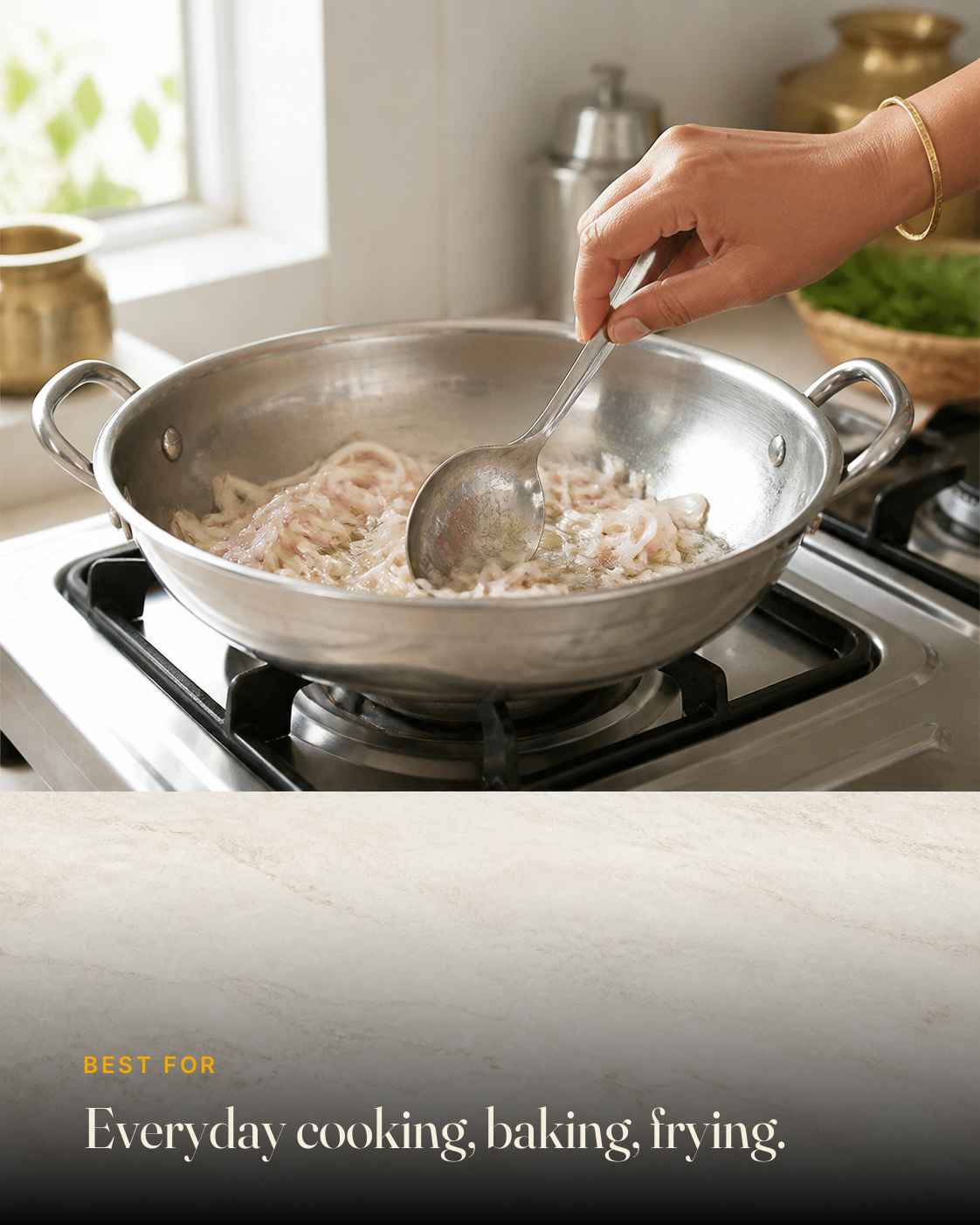 GetPured Cold Pressed Rice Bran Oil being used in an Indian kitchen, with a caption naming the dishes it is best for