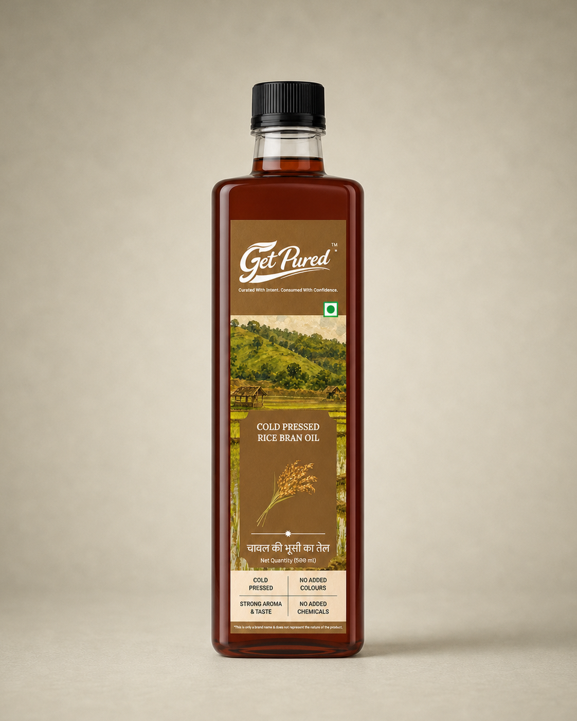 GetPured Cold Pressed Rice Bran Oil 500ml pack photographed on a warm studio backdrop