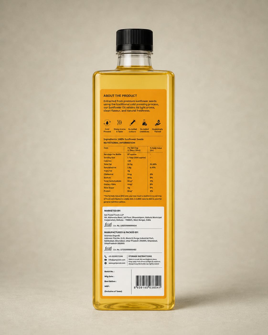 Back of the GetPured Cold Pressed Sunflower Oil 1000ml pack showing ingredients, nutrition, storage instructions, manufacturer details and FSSAI licence