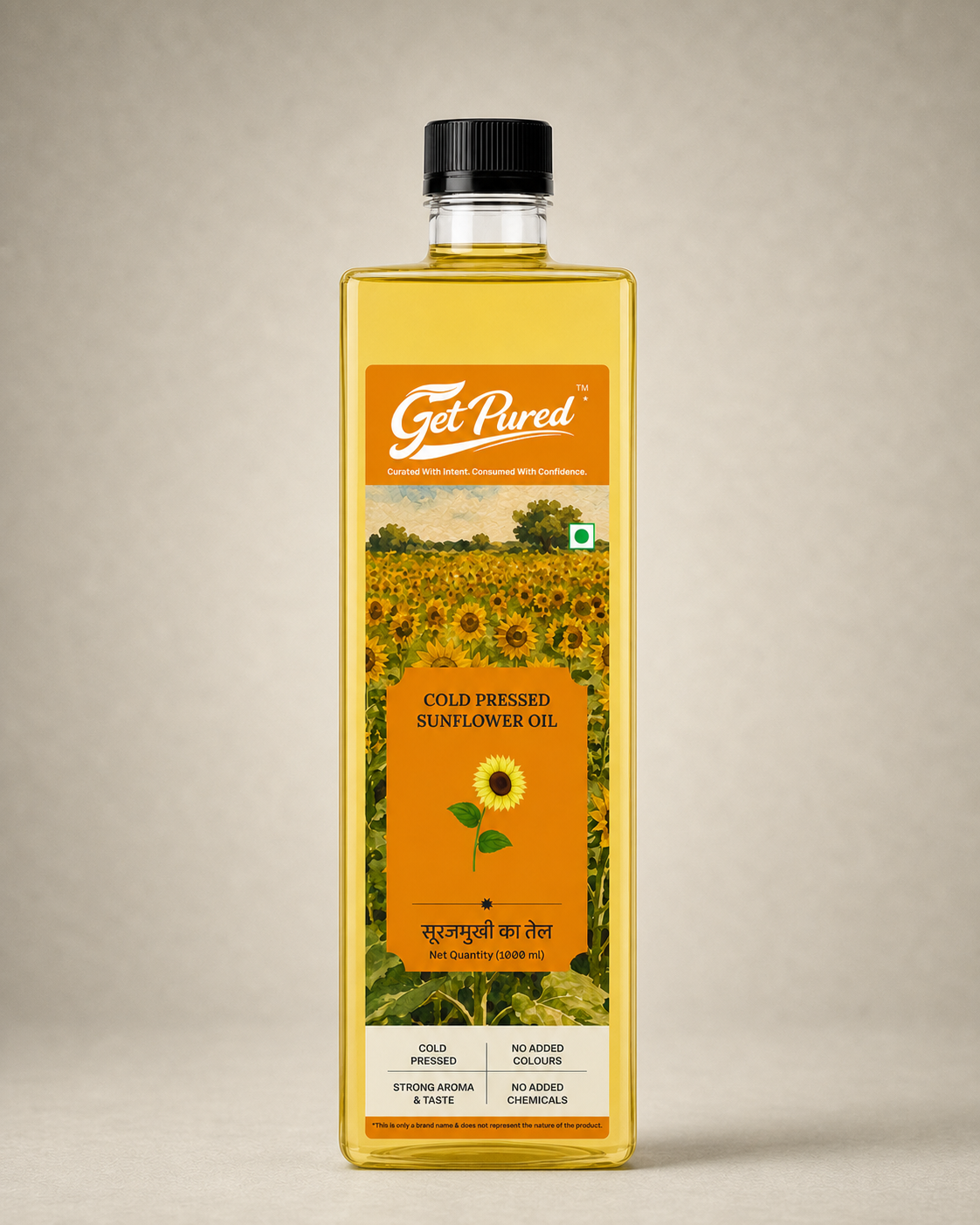 GetPured Cold Pressed Sunflower Oil 1000ml pack photographed front on, on a warm studio backdrop