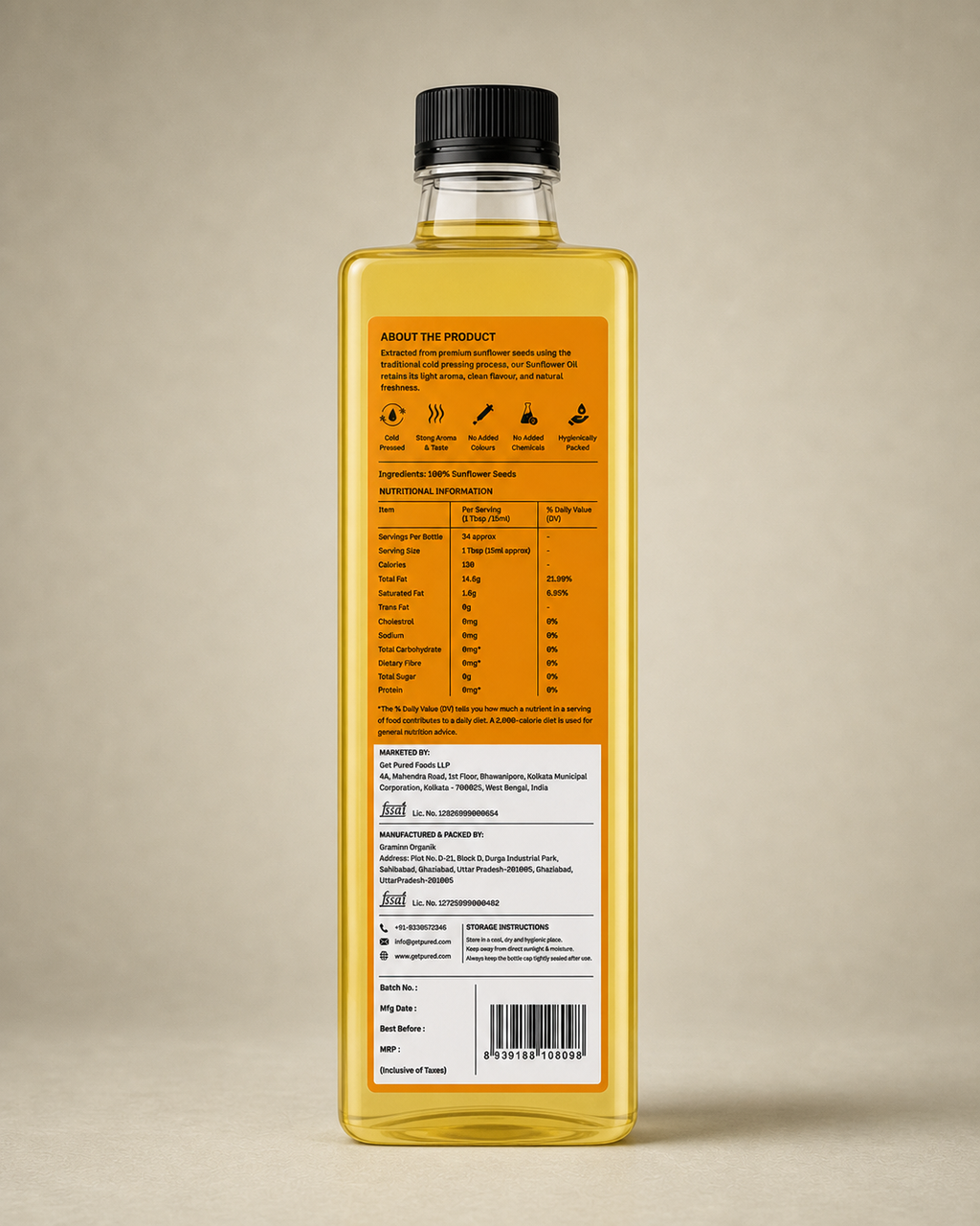 Back of the GetPured Cold Pressed Sunflower Oil 500ml pack showing ingredients, nutrition, storage instructions, manufacturer details and FSSAI licence