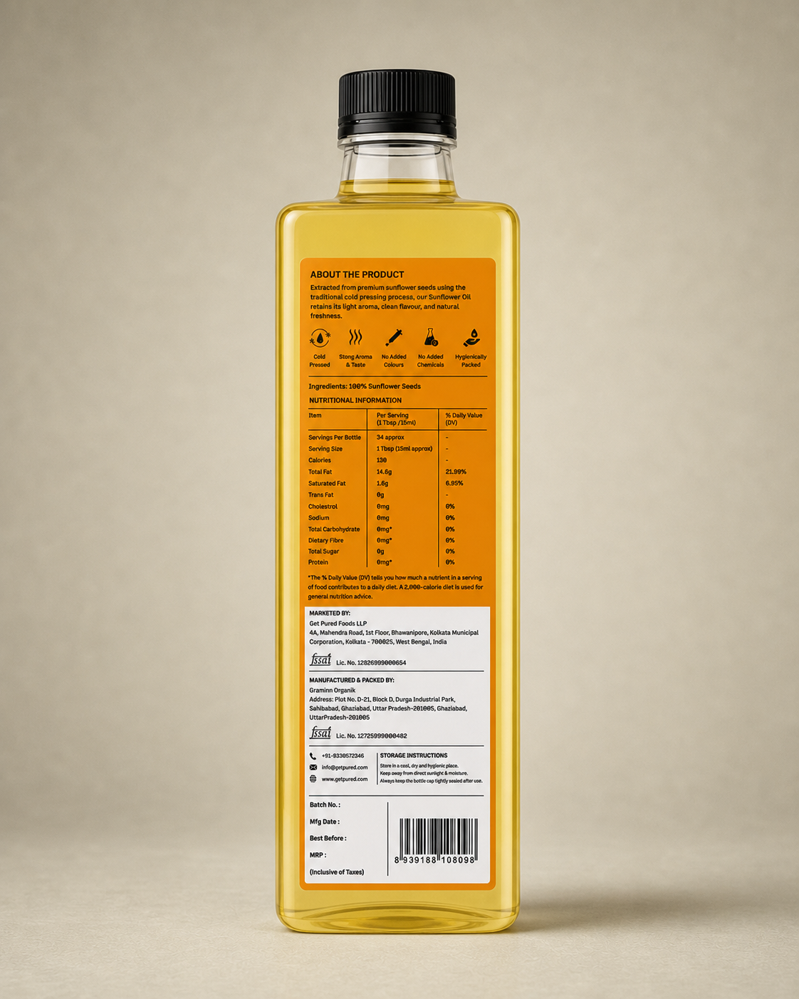 Back of the GetPured Cold Pressed Sunflower Oil 500ml pack showing ingredients, nutrition, storage instructions, manufacturer details and FSSAI licence