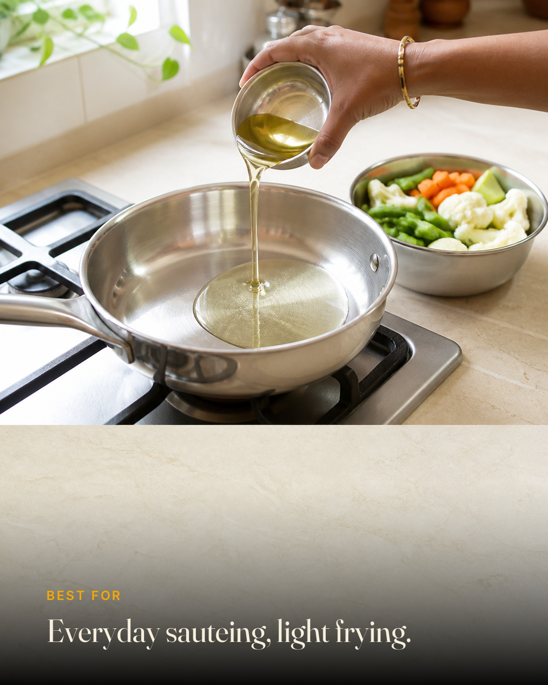 GetPured Cold Pressed Sunflower Oil being used in an Indian kitchen, with a caption naming the dishes it is best for