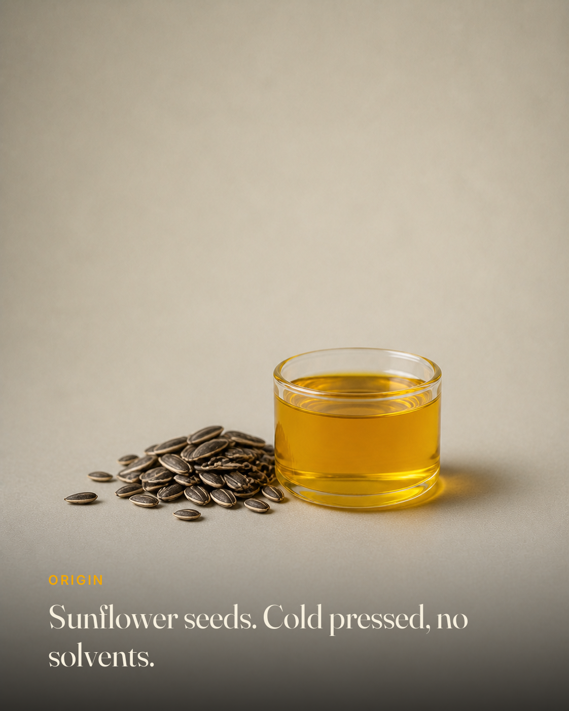 The ingredient behind GetPured Cold Pressed Sunflower Oil, photographed on a warm studio backdrop with a caption naming its origin and how it is made