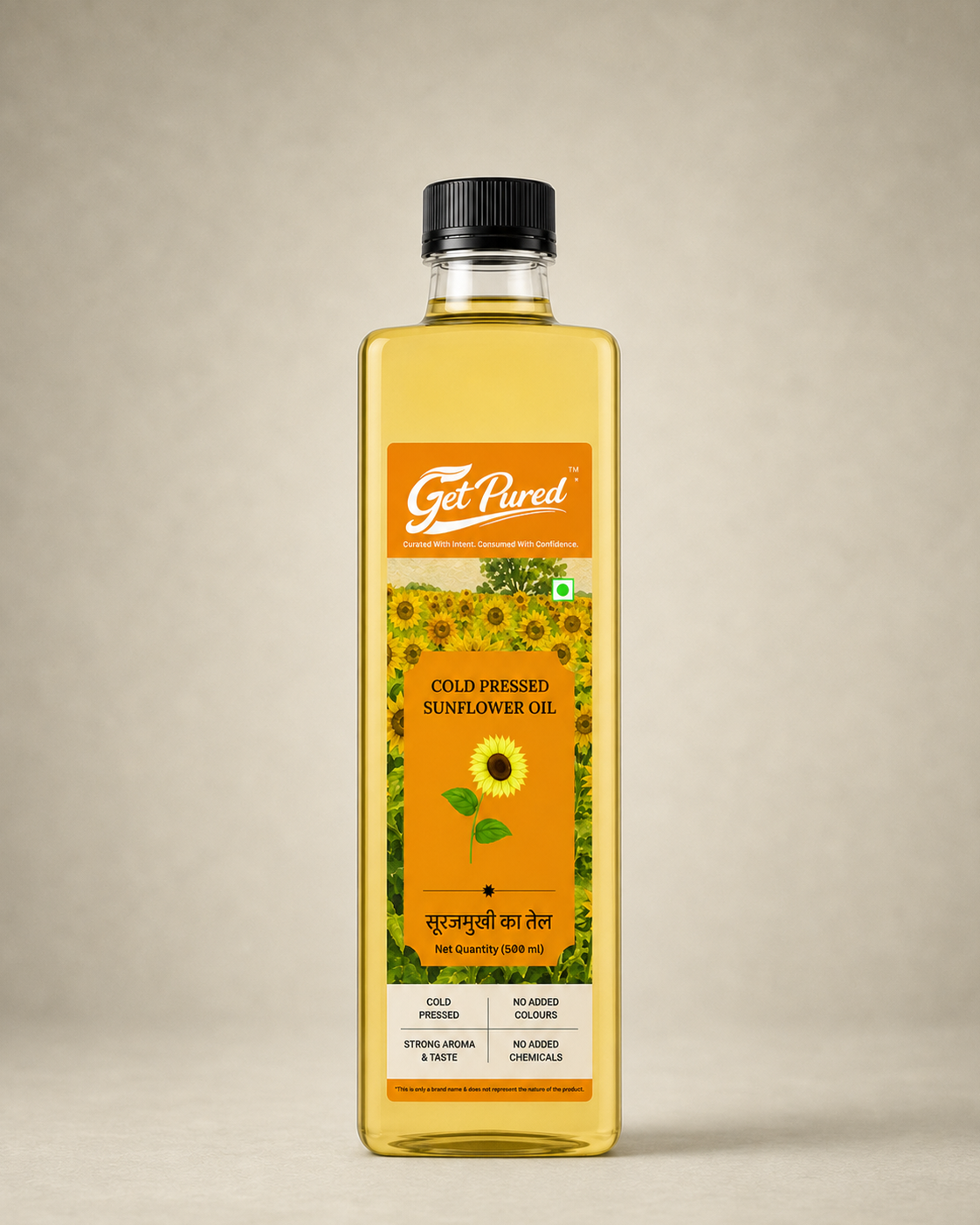 GetPured Cold Pressed Sunflower Oil 500ml pack photographed on a warm studio backdrop