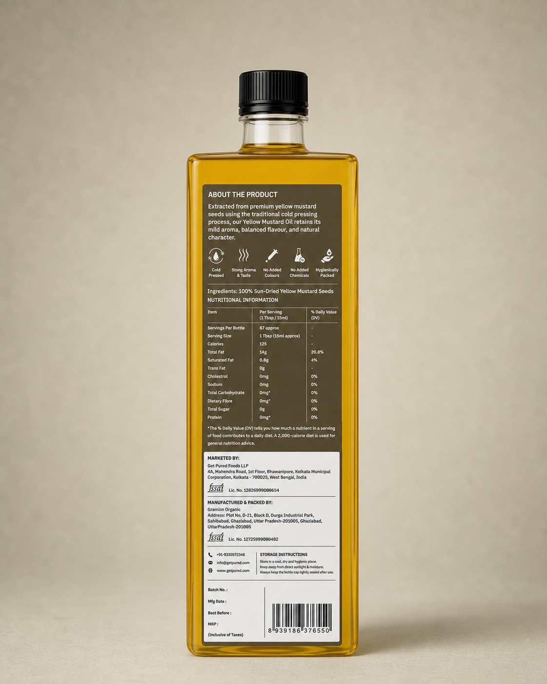 Back of the GetPured Cold Pressed Yellow Mustard Oil 1000ml pack showing ingredients, nutrition, storage instructions, manufacturer details and FSSAI licence