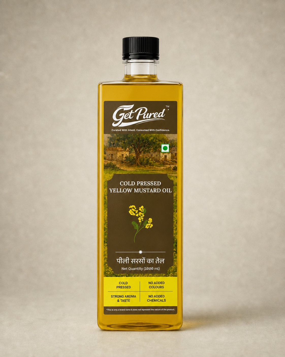 GetPured Cold Pressed Yellow Mustard Oil 1000ml pack photographed front on, on a warm studio backdrop