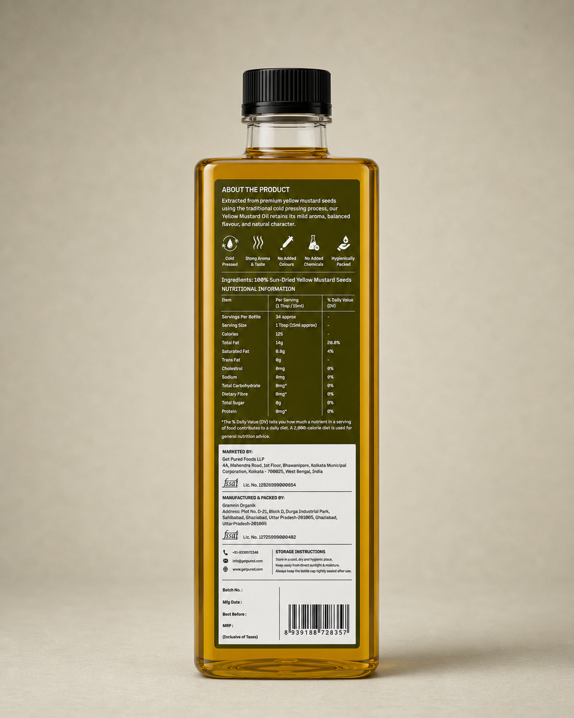 Back of the GetPured Cold Pressed Yellow Mustard Oil 500ml pack showing ingredients, nutrition, storage instructions, manufacturer details and FSSAI licence