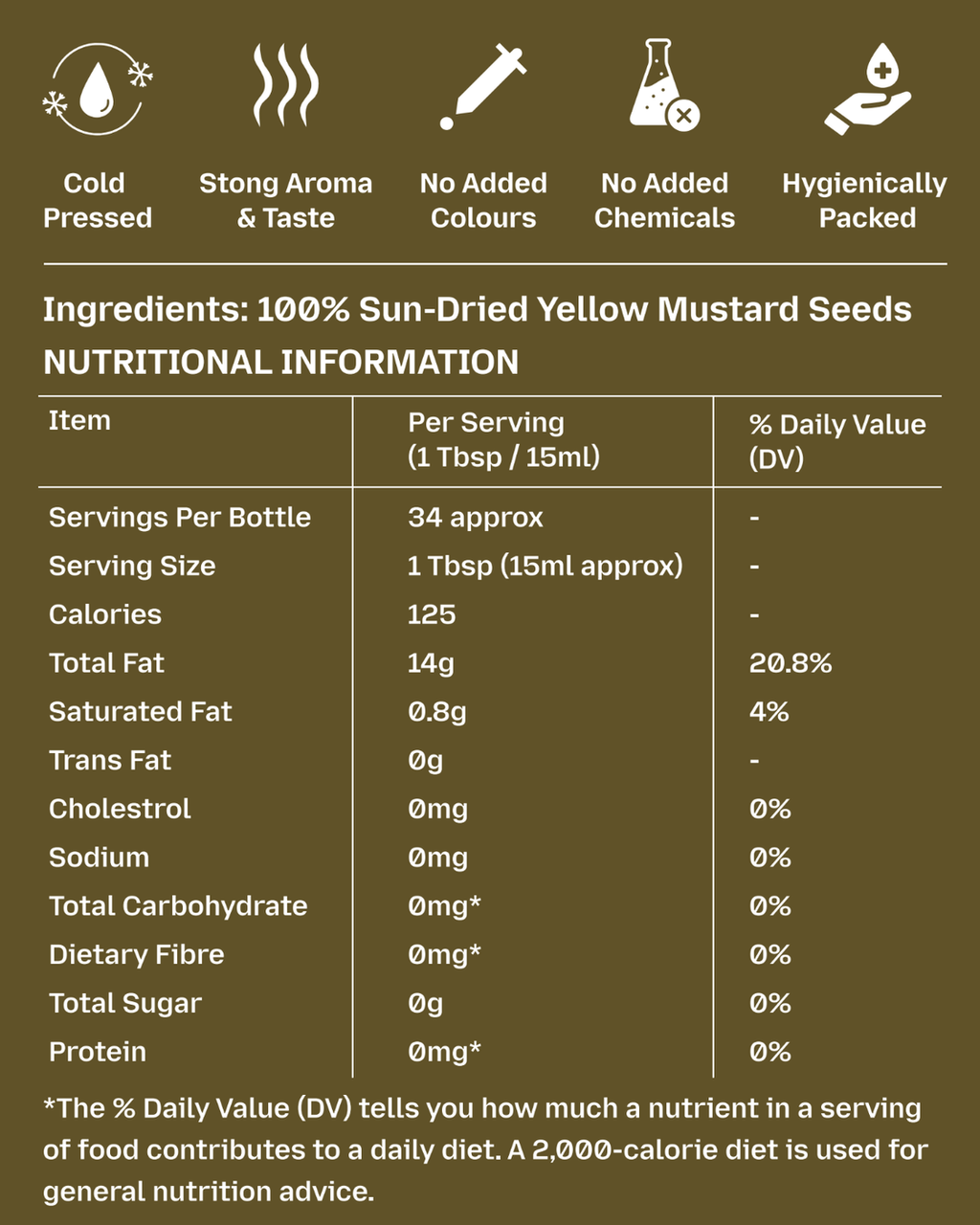 GetPured cold pressed yellow mustard oil 500ml nutrition and ingredients panel