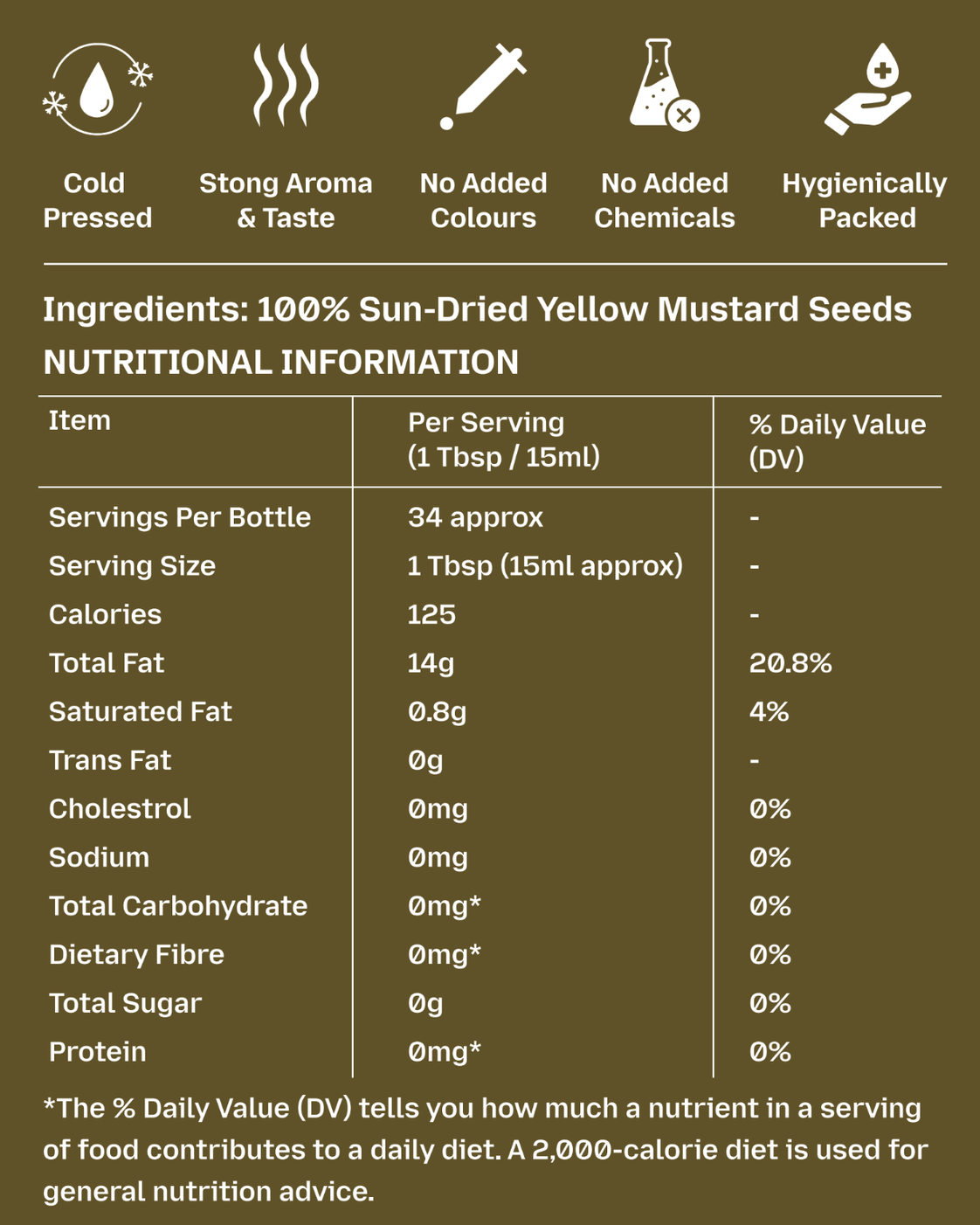 GetPured cold pressed yellow mustard oil 500ml nutrition and ingredients panel
