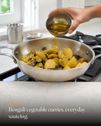 GetPured Cold Pressed Yellow Mustard Oil being used in an Indian kitchen, with a caption naming the dishes it is best for