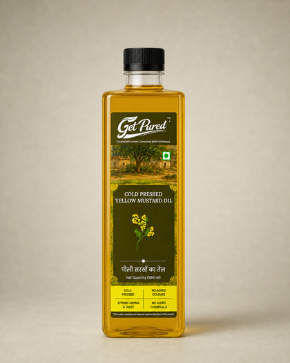 GetPured Cold Pressed Yellow Mustard Oil 500ml pack photographed on a warm studio backdrop