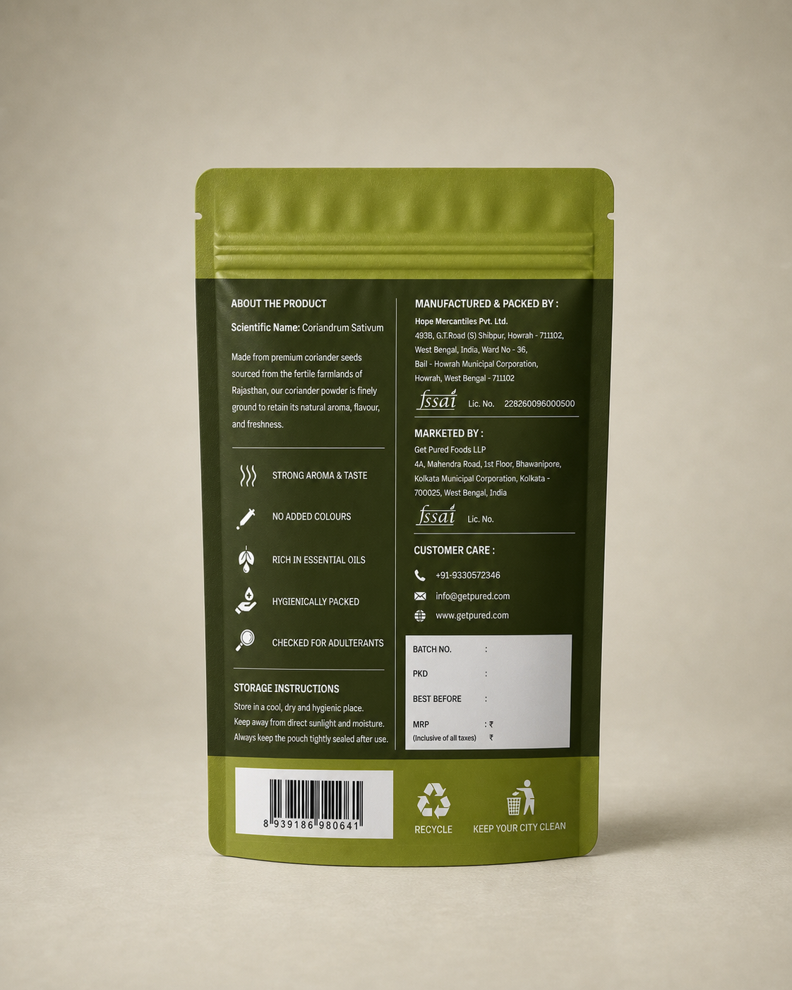 Back of the GetPured Coriander Powder 225g pack showing ingredients, nutrition, storage instructions, manufacturer details and FSSAI licence