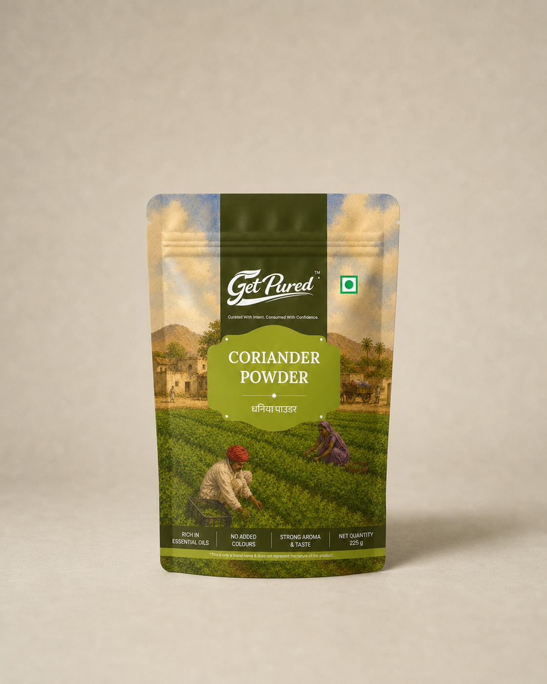 GetPured Coriander Powder 225g pack photographed front on, on a warm studio backdrop