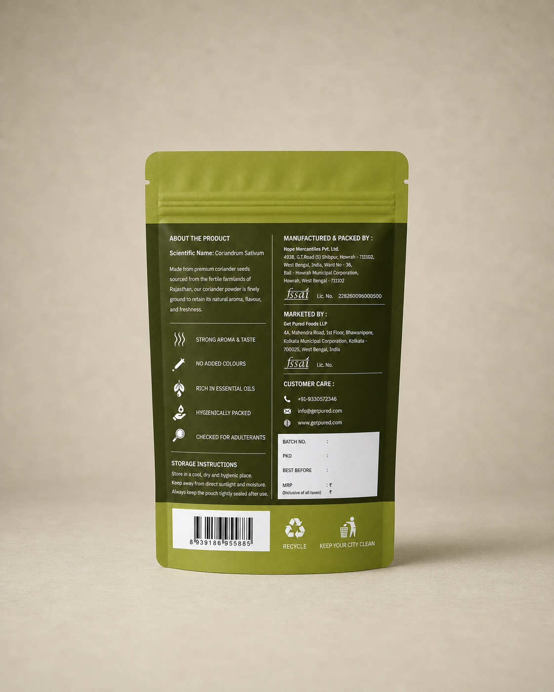 Back of the GetPured Coriander Powder 450g pack showing ingredients, nutrition, storage instructions, manufacturer details and FSSAI licence