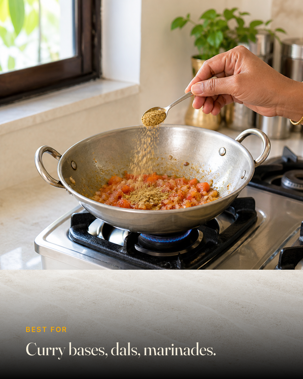 GetPured Coriander Powder being used in an Indian kitchen, with a caption naming the dishes it is best for