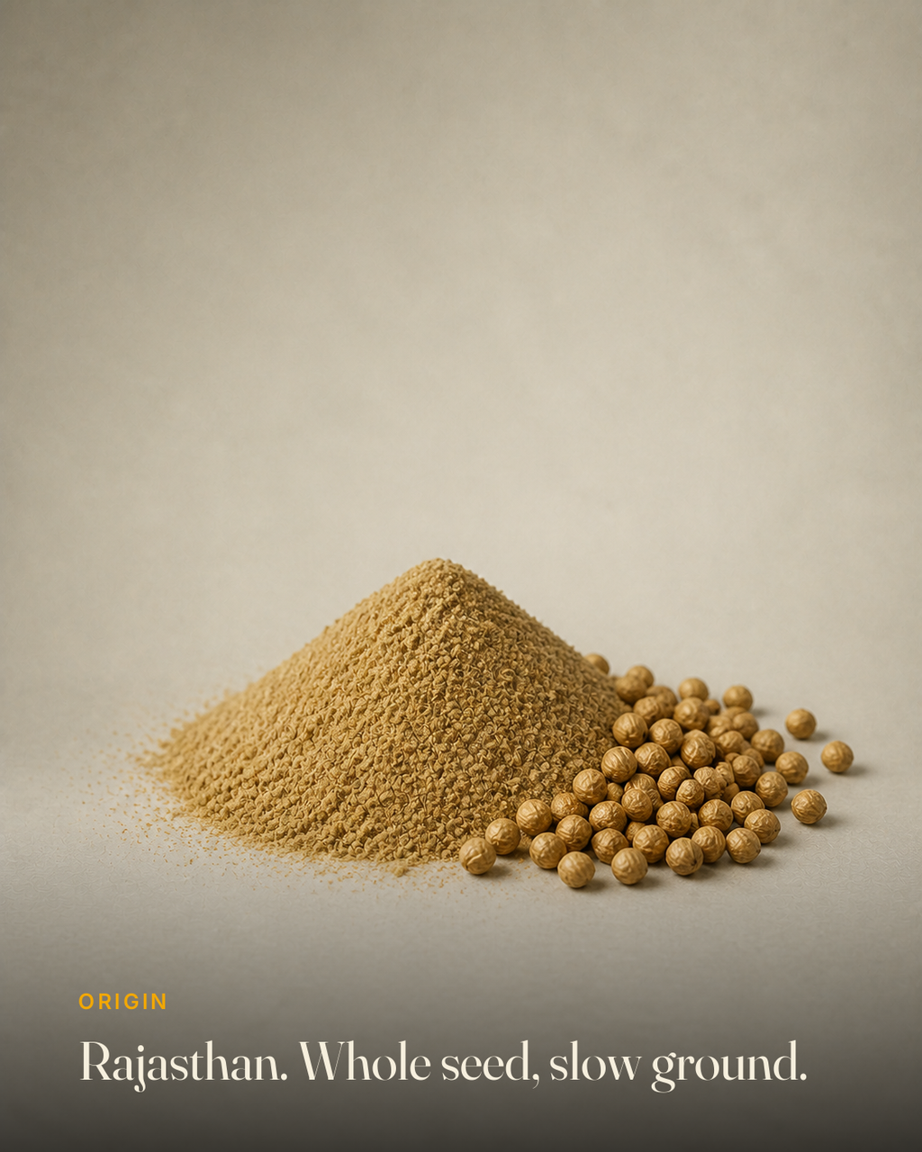 The ingredient behind GetPured Coriander Powder, photographed on a warm studio backdrop with a caption naming its origin and how it is made