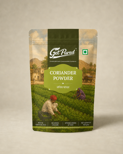 GetPured Coriander Powder 450g pack photographed on a warm studio backdrop