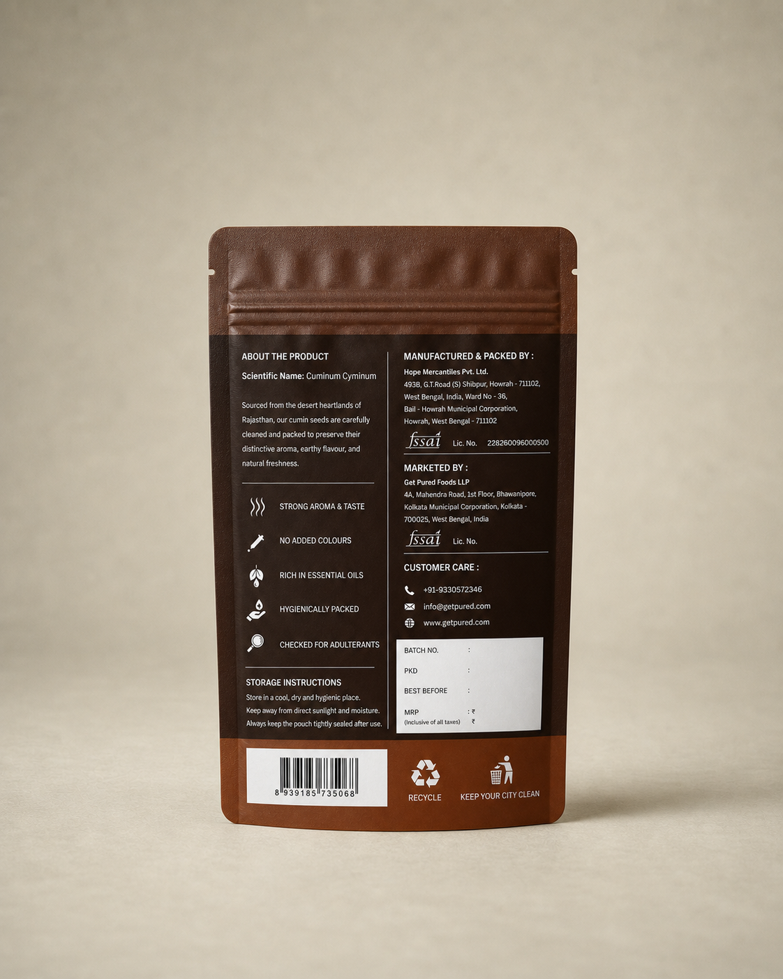 Back of the GetPured Cumin Whole 225g pack showing ingredients, nutrition, storage instructions, manufacturer details and FSSAI licence