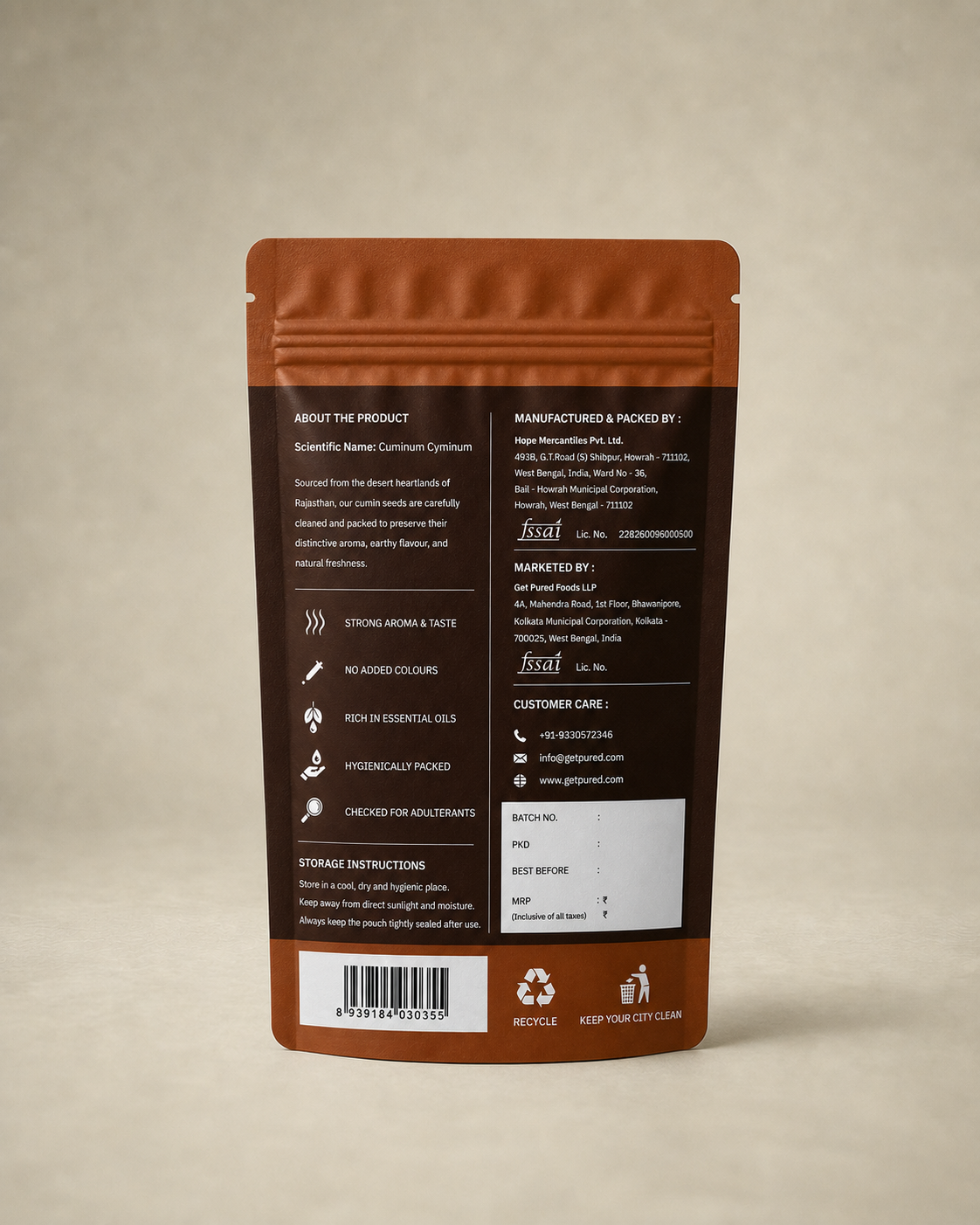 Back of the GetPured Cumin Whole 450g pack showing ingredients, nutrition, storage instructions, manufacturer details and FSSAI licence