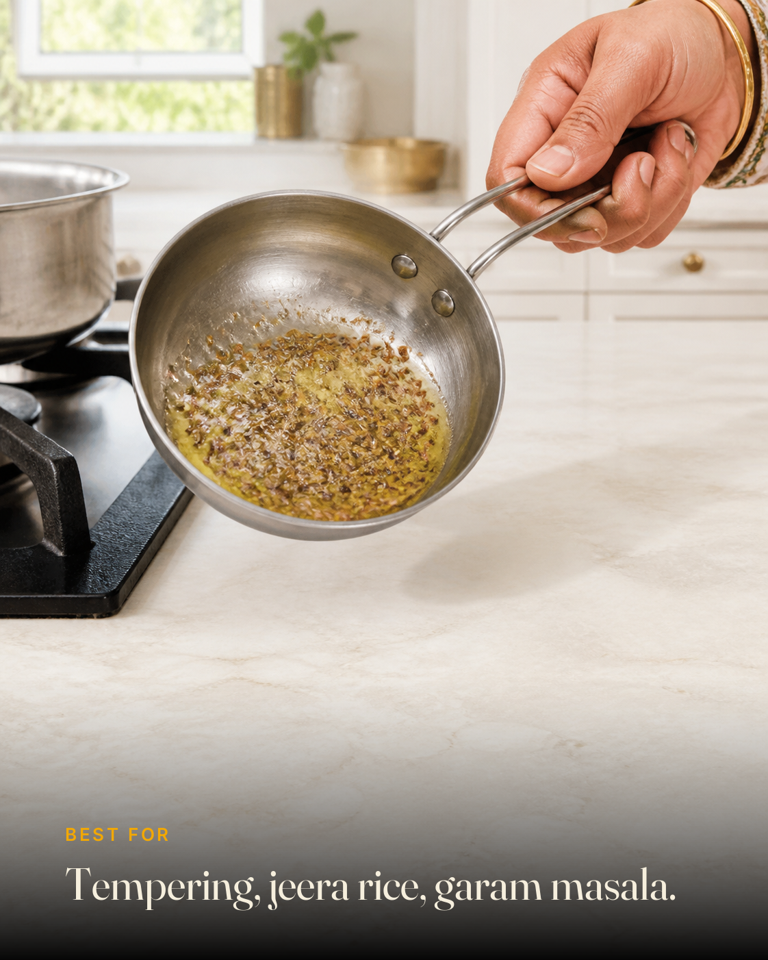 GetPured Cumin Whole being used in an Indian kitchen, with a caption naming the dishes it is best for