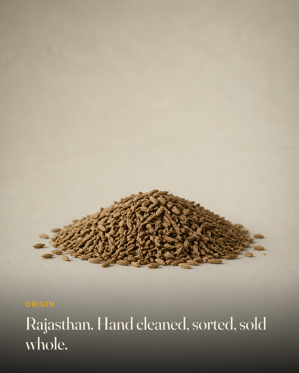 The ingredient behind GetPured Cumin Whole, photographed on a warm studio backdrop with a caption naming its origin and how it is made
