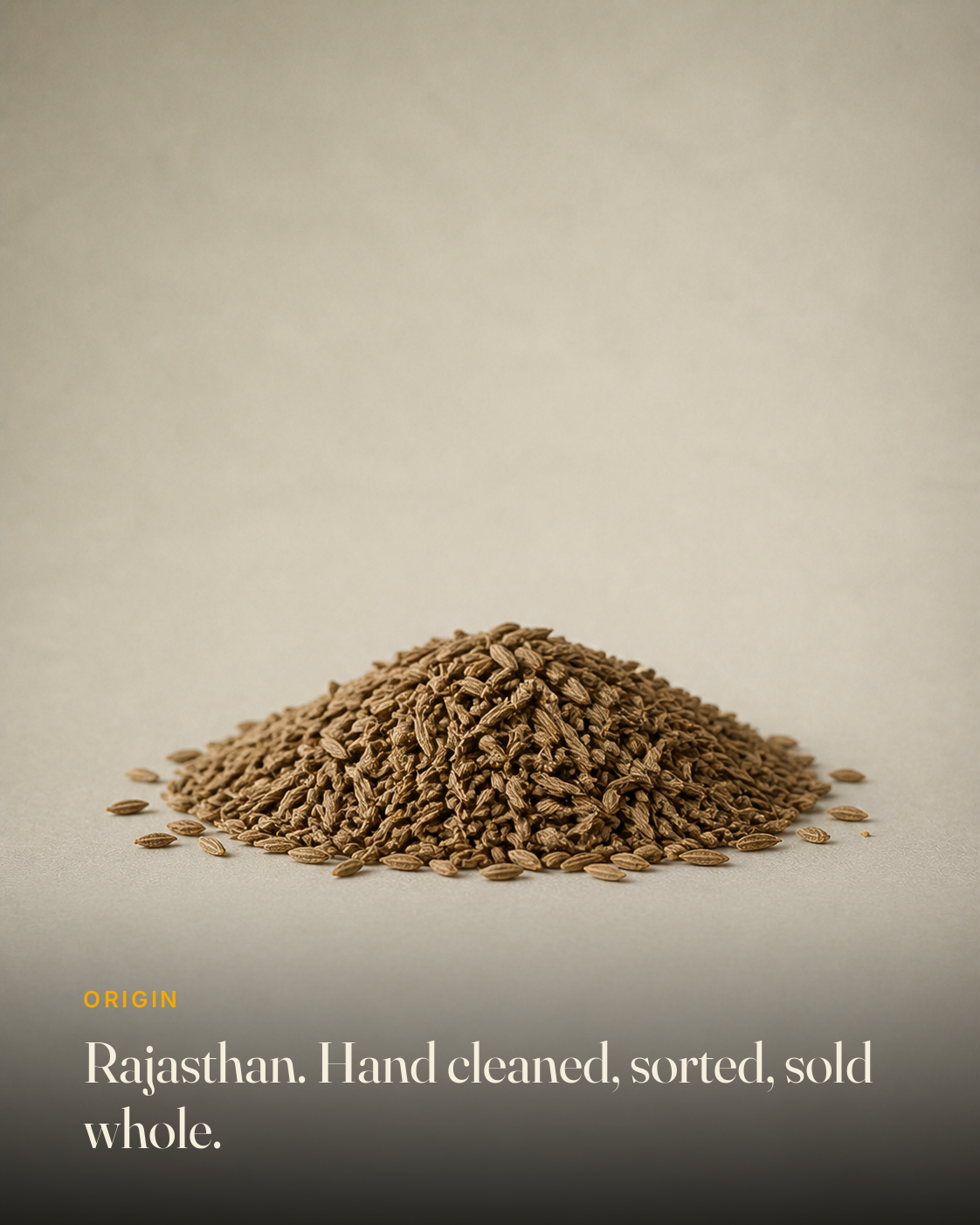 The ingredient behind GetPured Cumin Whole, photographed on a warm studio backdrop with a caption naming its origin and how it is made