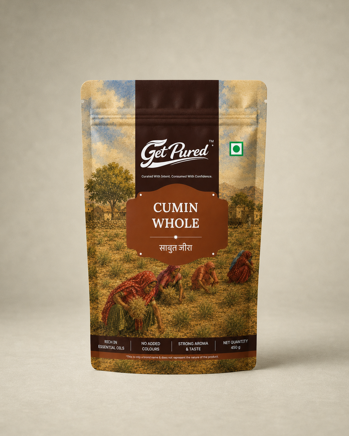 GetPured Cumin Whole 450g pack photographed on a warm studio backdrop