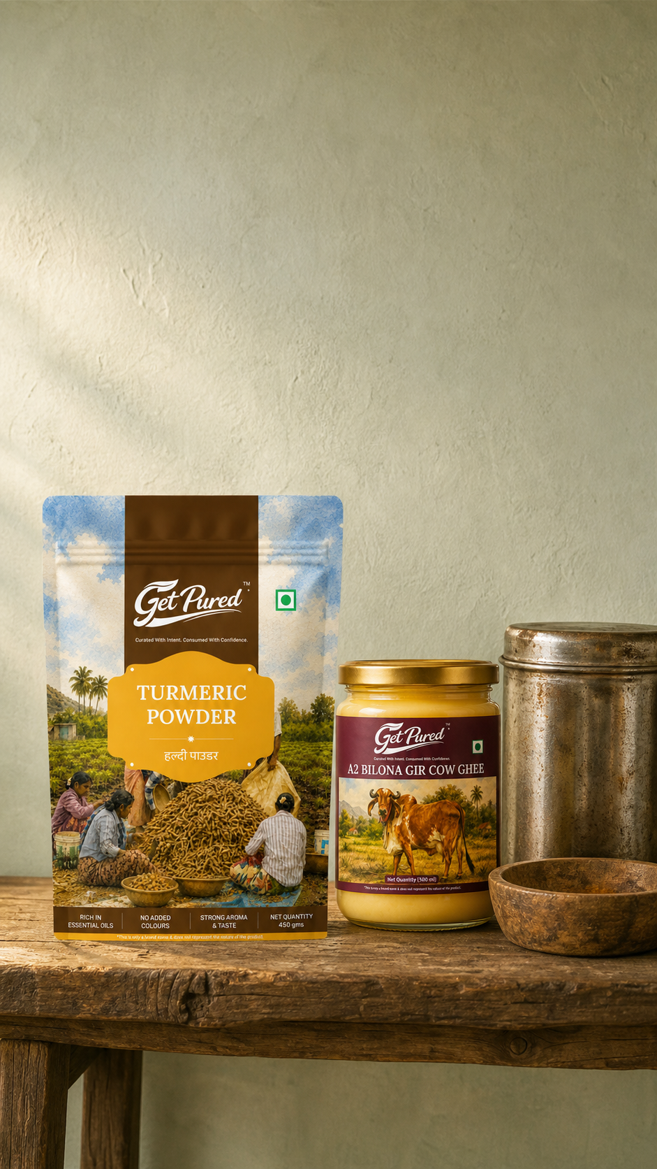 GetPured turmeric powder and A2 bilona gir cow ghee on a wooden kitchen shelf against a lime-washed wall