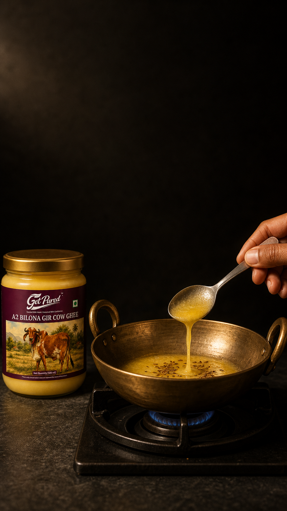 A2 bilona gir cow ghee melting in a kadai beside the GetPured jar