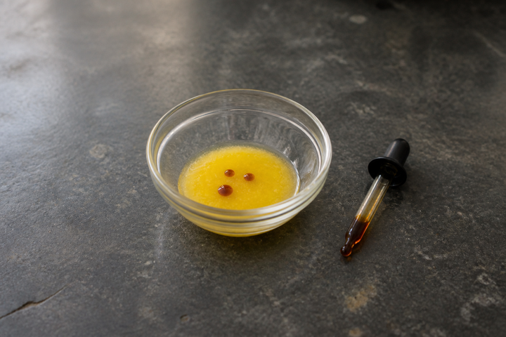 Half a teaspoon of ghee in a clear glass bowl with three drops of iodine tincture sitting on it, still their own reddish brown and showing no blue, the FSSAI at-home test for starch added to ghee