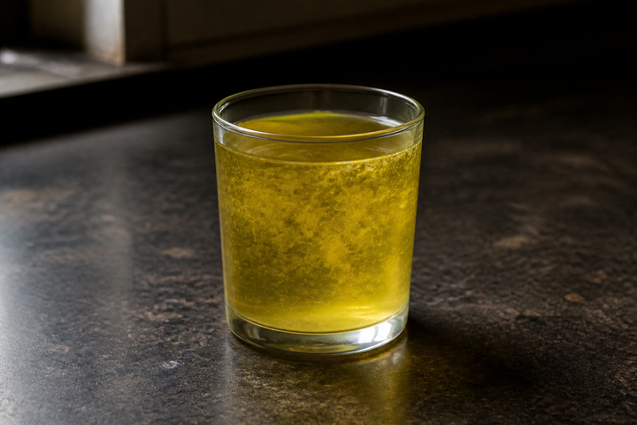 A glass of chilled olive oil gone cloudy with pale natural waxes suspended in it