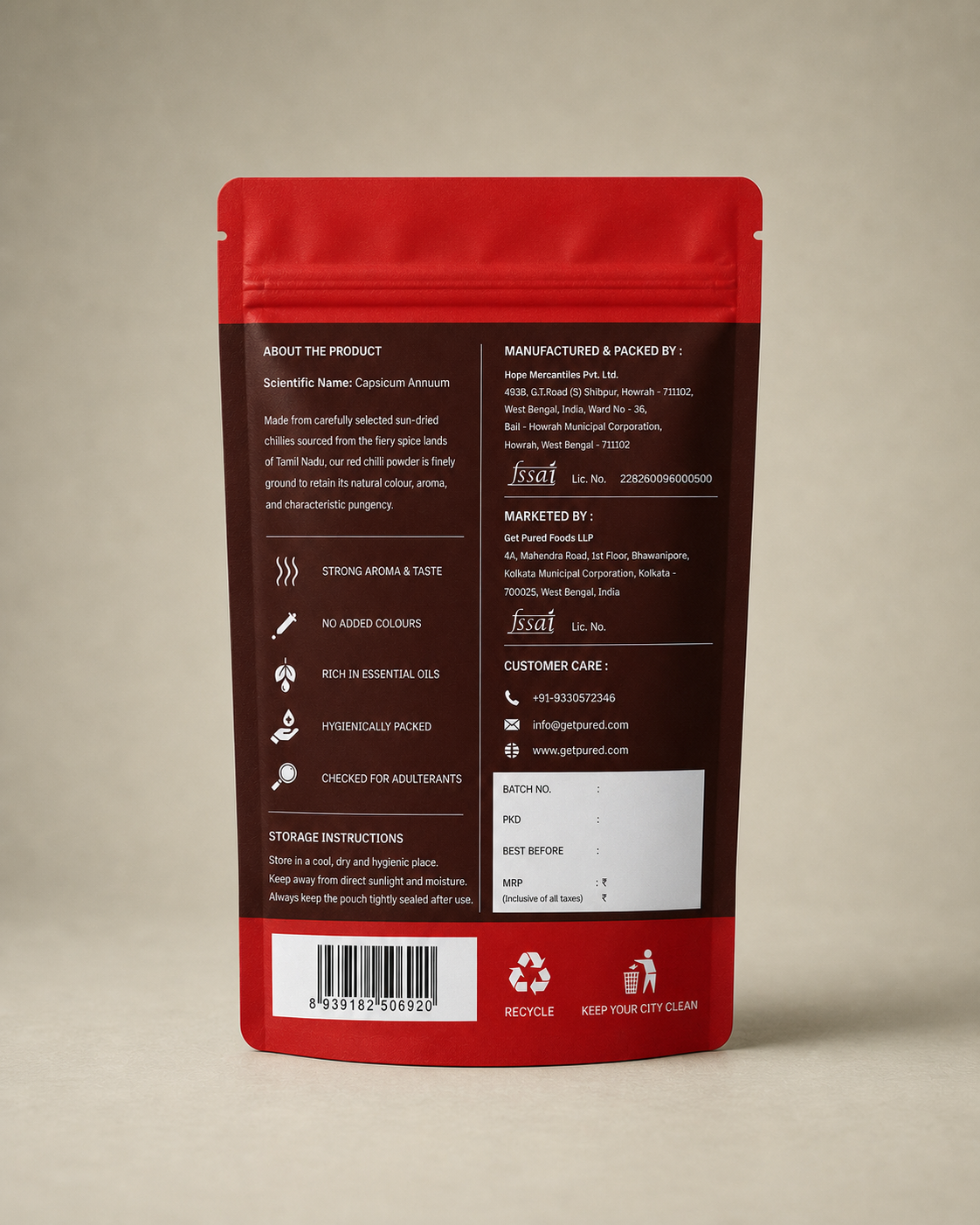 Back of the GetPured Red Chilli Powder 225g pack showing ingredients, nutrition, storage instructions, manufacturer details and FSSAI licence