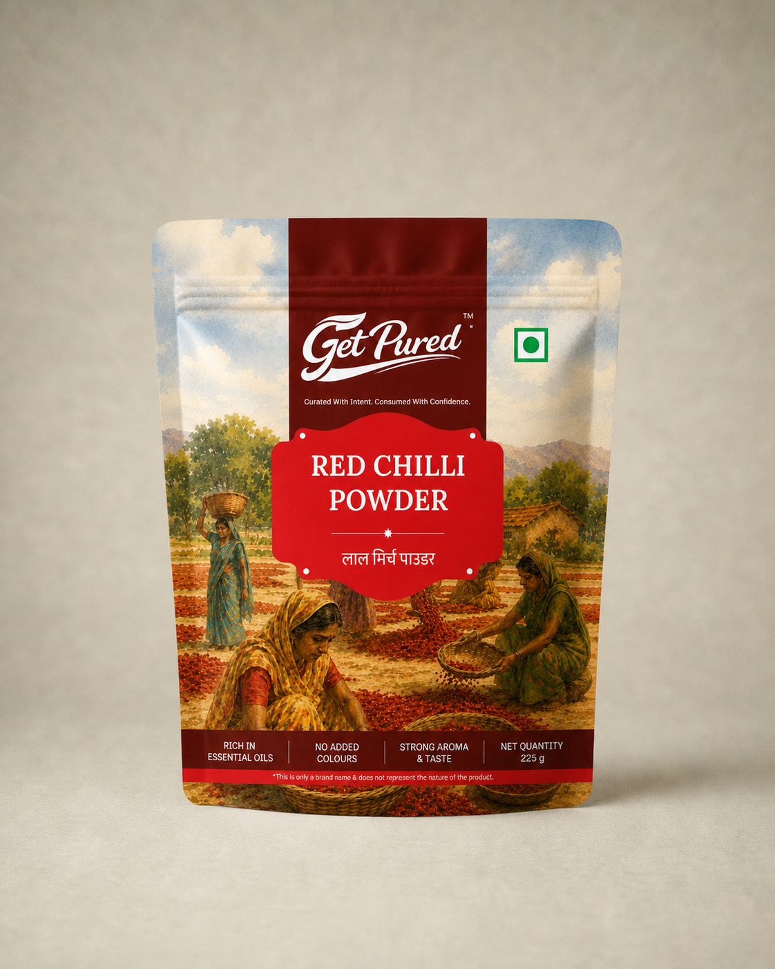 GetPured Red Chilli Powder 225g pack photographed front on, on a warm studio backdrop